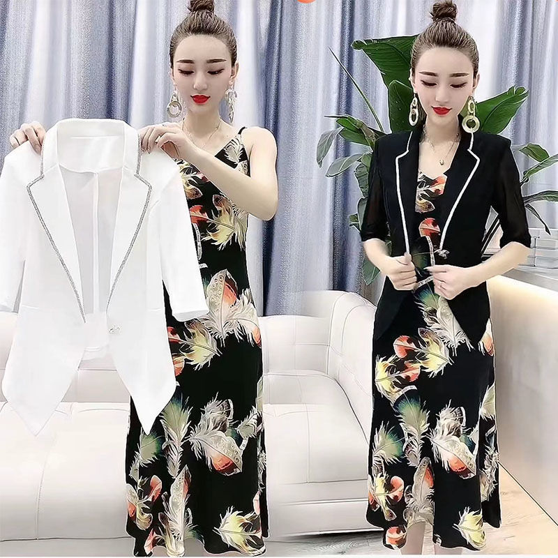 European goods online red new style suit suspender dress set women's summer thin small suit printed skirt two-piece set