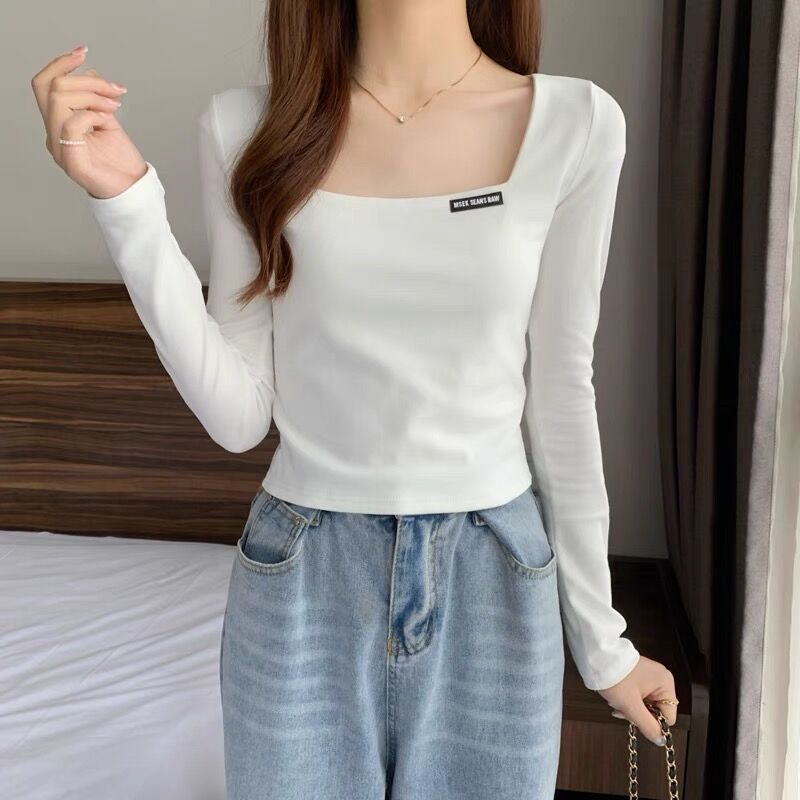 Spring clothes ladies slim French square collar design short top fashion all-match tight-fitting t-shirt winter