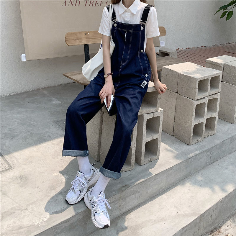 Age reducing Cute short denim suspenders women's spring and summer new foreign style fat mm large loose and versatile Jumpsuit