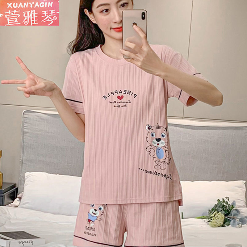 Pajamas women's summer short-sleeved Korean version 100% double-sided cartoon large size ladies summer outerwear loose home service suit