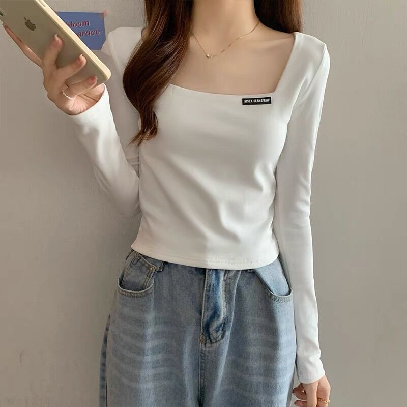 Spring clothes ladies slim French square collar design short top fashion all-match tight-fitting t-shirt winter