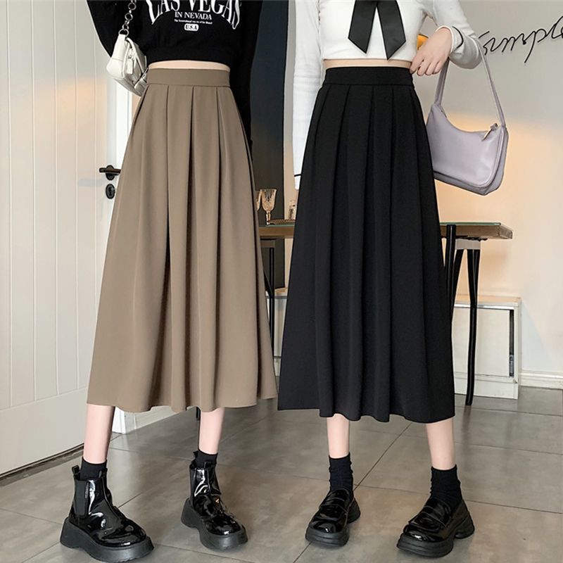 Wide-leg skirt for women spring and autumn new ins style high-waisted mid-length skirt for women A-line elastic waist casual pleated skirt