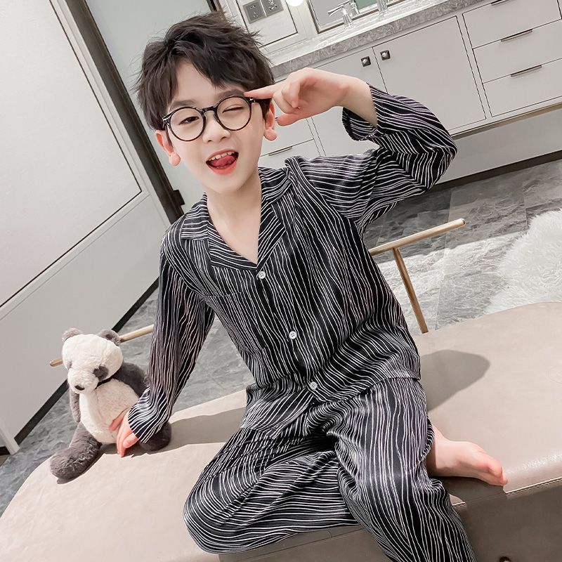 Children's spring and autumn ice silk long-sleeved pajamas, medium and large children's boys' fashion striped home clothes imitation silk breathable suit