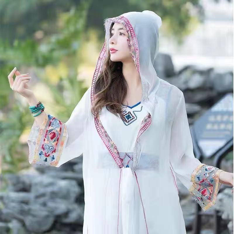 Seaside vacation ethnic style chiffon shirt hooded sun protection clothing women's shawl travel photo super fairy elegant long cardigan
