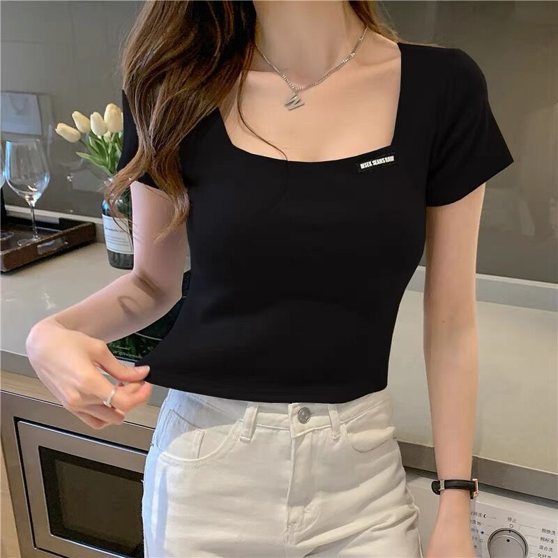 Korean version of the simple style French square collar tight high waist t-shirt ladies summer short section thin all-match small tops