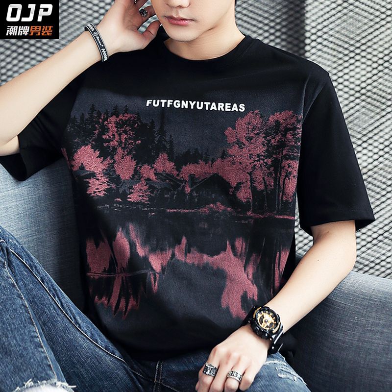 100%純棉新款短袖t恤男夏季寬鬆衣服國潮半袖打底衫體恤ins上衣男