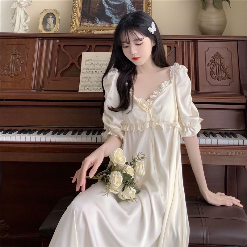Spring and summer sweet and lovely ice short sleeved nightdress lace age reduction foreign style home clothes with breast pad women's nightdress skirt