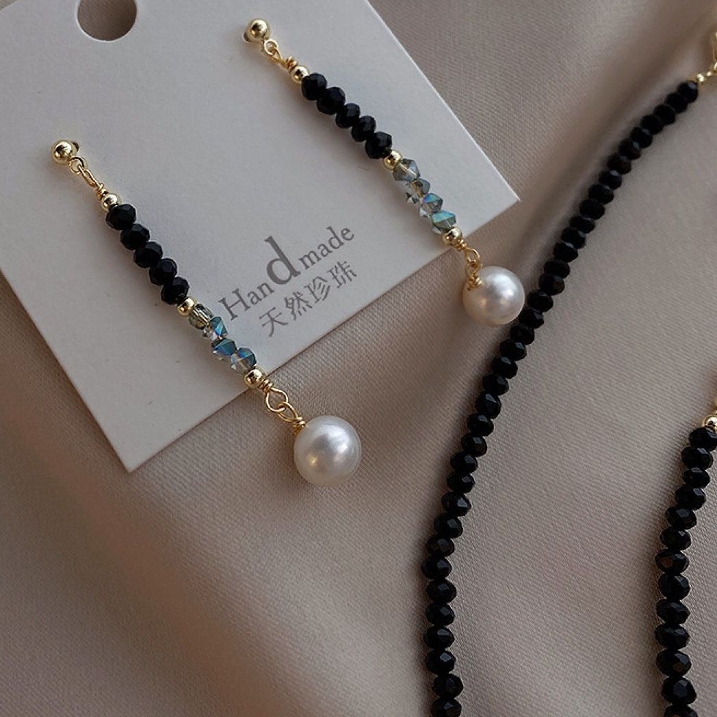 黑尖晶天然淡水珍珠项链三件套装女耳饰年新款韩版气质