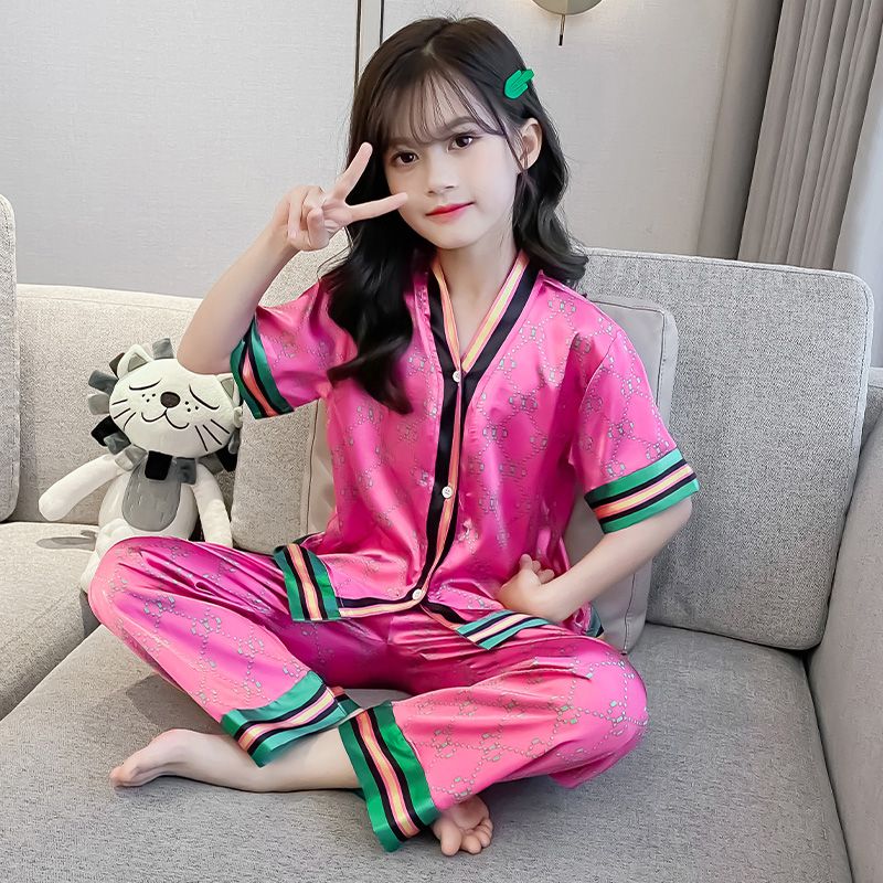 女童睡衣短袖夏季冰絲薄款兒童小女孩中大童春秋家居服空調服套裝