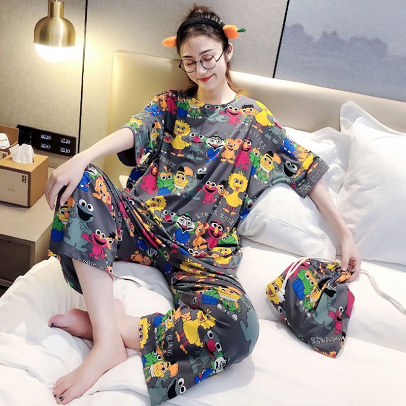 Pajamas women's summer new loose plus size sesame cartoon printing cute short-sleeved suit home clothes can be worn outside