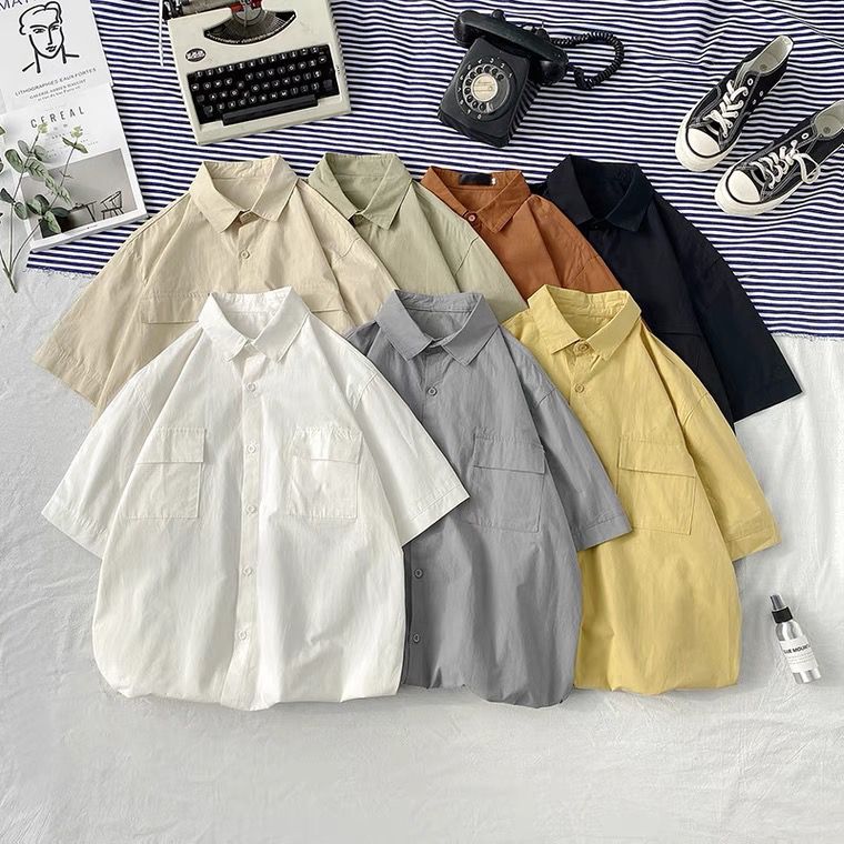 Summer solid color short-sleeved shirt men's loose Japanese workwear five-quarter sleeve top Hong Kong style all-match trendy half-sleeved shirt