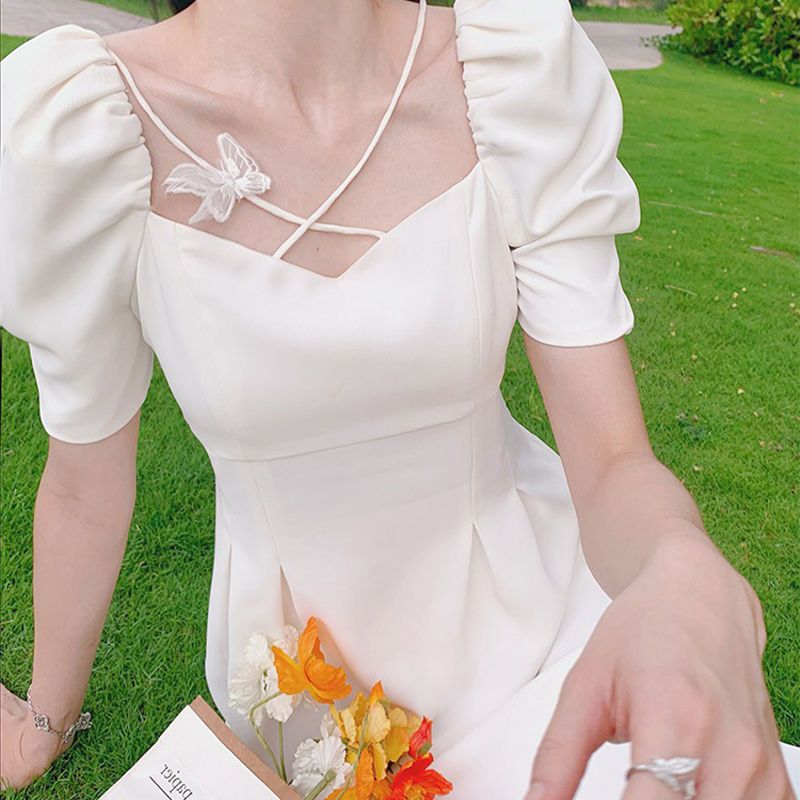 Women's dress new summer French Mori series bubble sleeve temperament chic waist closing gentle wind white dress
