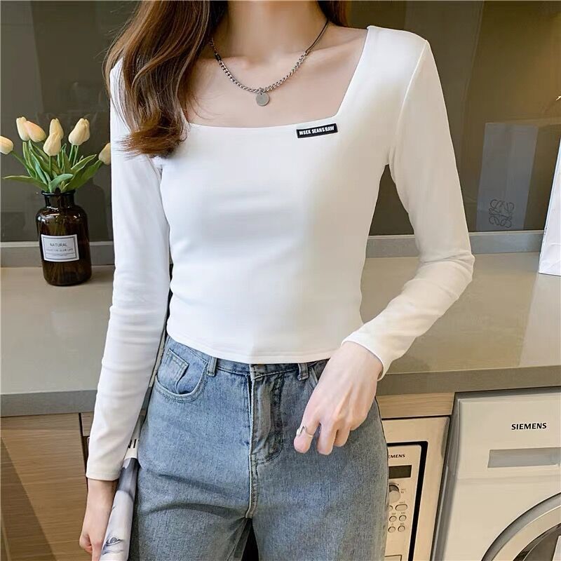 Spring clothes ladies slim French square collar design short top fashion all-match tight-fitting t-shirt winter