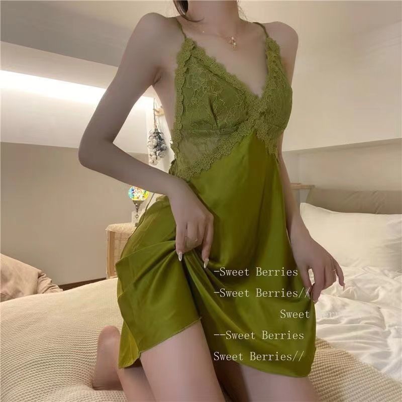 Sexy seduction deep V lace suspender dress beautiful back pajamas women sexy ins style high appearance thin style with breast pad