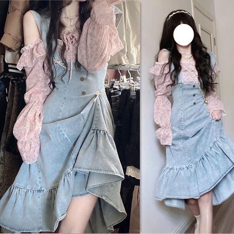 [Two-piece suit] French one-shoulder shirt + new salt-sweet style royal sister-style high-end denim dress