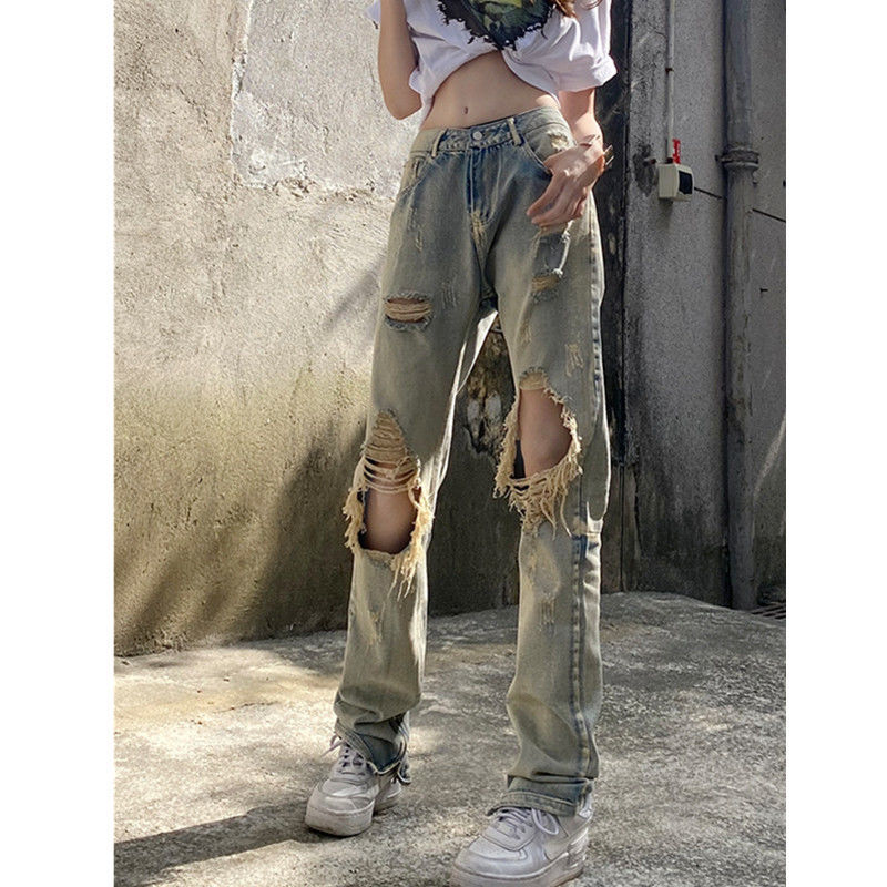 Spring and summer hot girls ripped straight jeans female vibe high waist high street tide ins beggar personality hiphop fried street