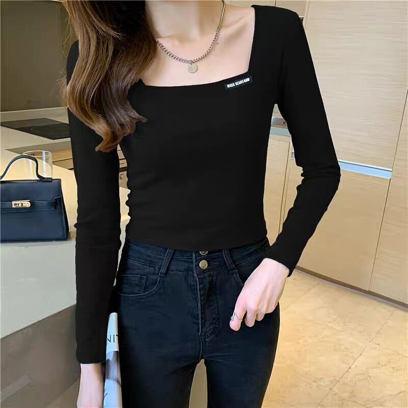 Spring clothes ladies slim French square collar design short top fashion all-match tight-fitting t-shirt winter