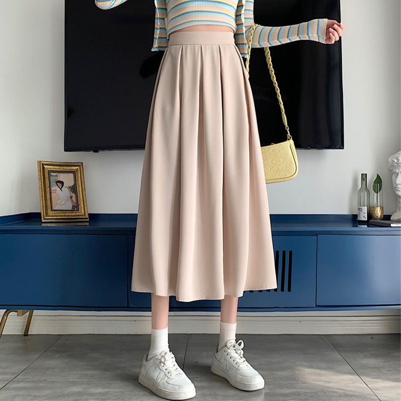 Wide-leg skirt for women spring and autumn new ins style high-waisted mid-length skirt for women A-line elastic waist casual pleated skirt
