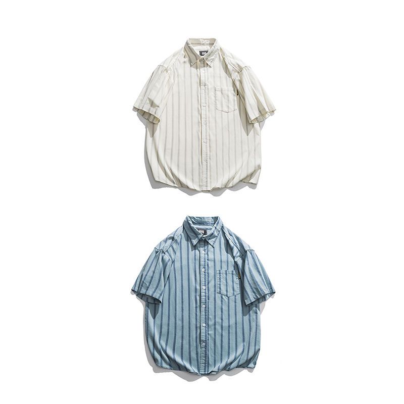 两件套/日系复古条纹短袖衬衫男+宽松直筒五分裤子男夏季休闲套装