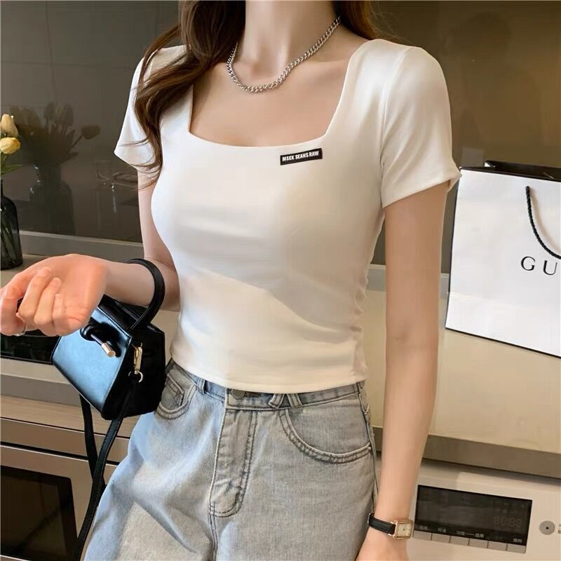 Korean version of the simple style French square collar tight high waist t-shirt ladies summer short section thin all-match small tops