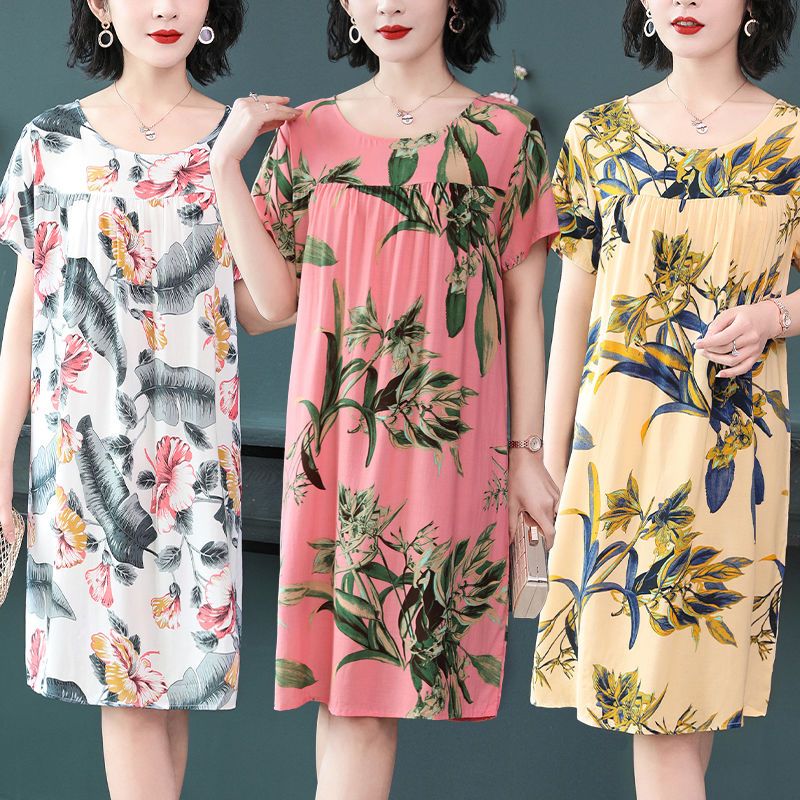 Cotton silk nightdress female summer 2022 new mid-length large size short-sleeved dress artificial cotton pajamas mother skirt