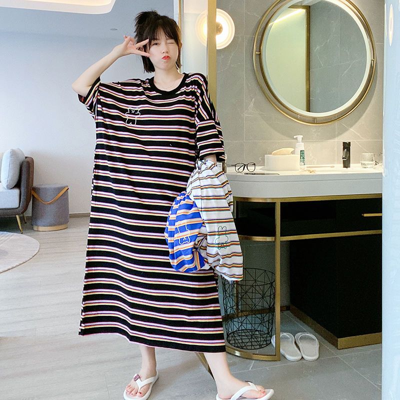 Plus size women's bear color striped short-sleeved nightdress summer long knee-length pajamas loose fat mm200 catties 300