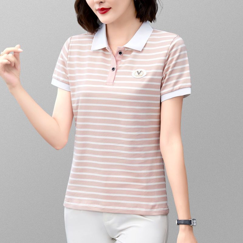 100%纯棉 翻领短袖t恤女夏季薄款2022新款宽松洋气减龄条纹Polo衫