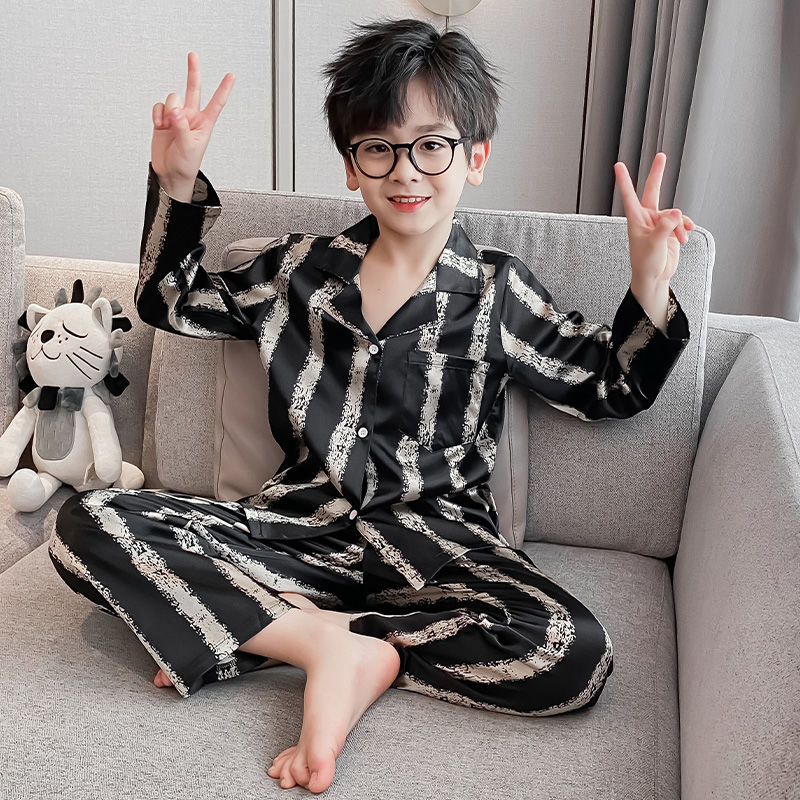 Children's pajamas spring and autumn thin little boy long-sleeved air-conditioned clothes medium and large children's suits summer boys' ice silk home clothes