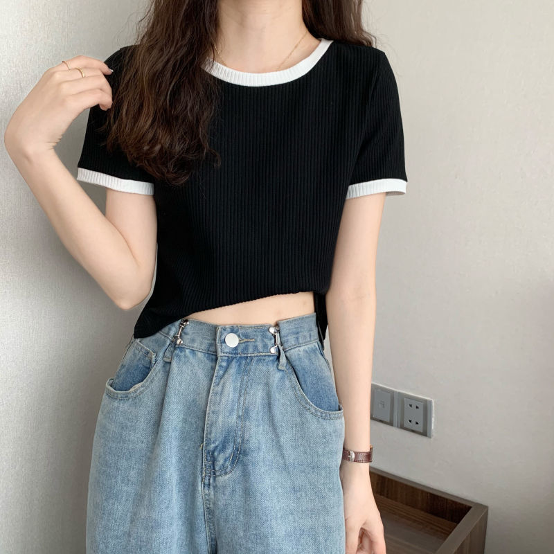 2022 summer new Korean round neck simple and versatile slim fit Western style top short sleeve T-shirt women's design
