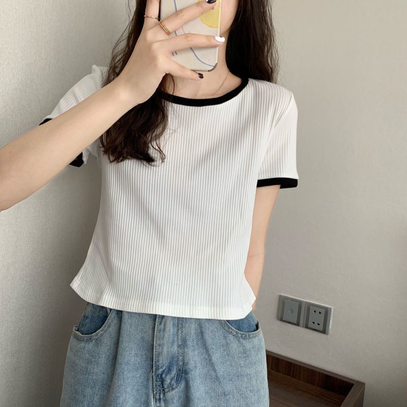 2022 summer new Korean round neck simple and versatile slim fit Western style top short sleeve T-shirt women's design