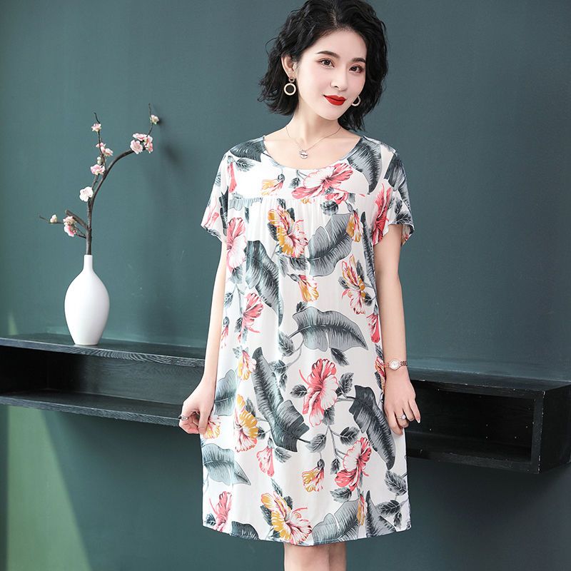 Cotton silk nightdress female summer 2022 new mid-length large size short-sleeved dress artificial cotton pajamas mother skirt
