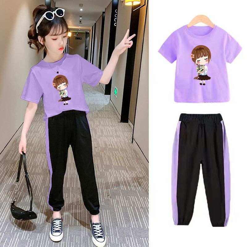 Girls' suits 2022 new trendy and foreign style big children's children's clothing girls summer short-sleeved t-shirt pants two-piece set