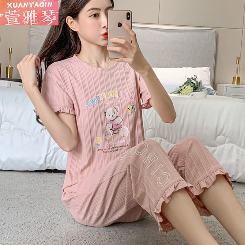 100% double-sided pajamas women's summer short-sleeved capri pants sweet lace ladies loose plus size home service suit