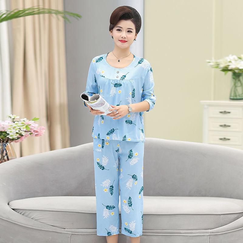Spring and autumn new women's long-sleeved trousers cotton silk suit middle-aged and elderly home clothes mother's artificial cotton pajamas two-piece set