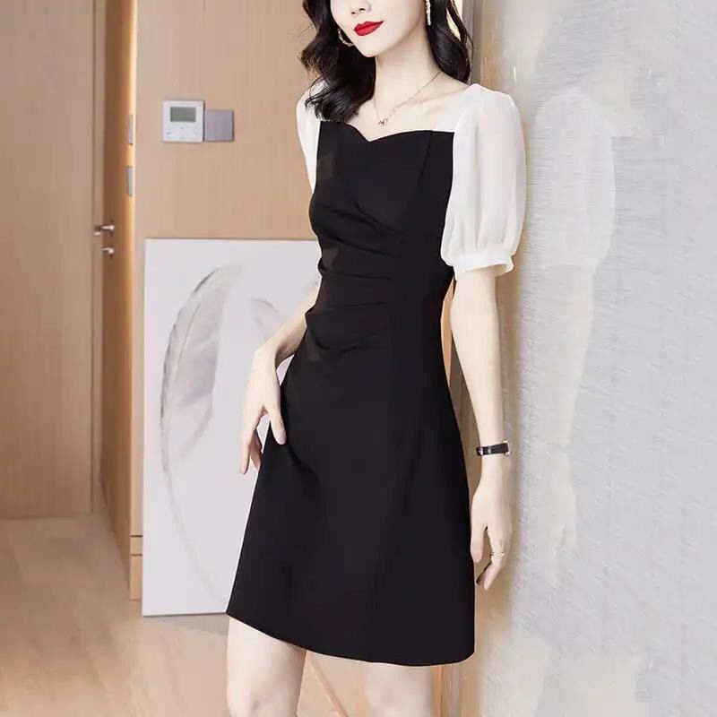 連衣裙女夏季2022新款法式收腰中長款修身顯瘦氣質名媛赫本風裙子