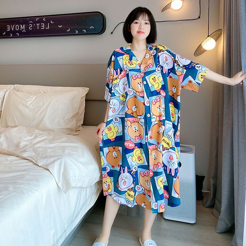 Fat mm cartoon nightdress summer thin section short-sleeved cardigan long section over the knee large size women's pajamas skirt 200 catties 300