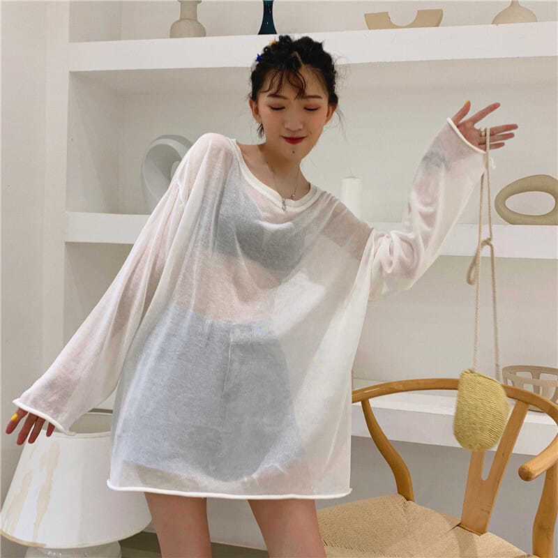 夏季2022新款慵懶風薄款泫雅套頭長袖T恤女上衣微透冰絲防曬罩衫
