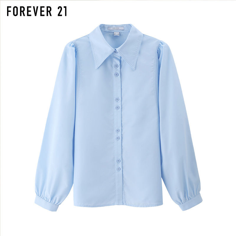 【户外服饰】FOREVER21蓝色长袖衬衣女士设计感高级尖领泡泡袖衬衫春季新款纯