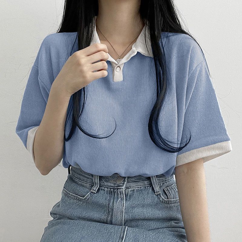 College style polo collar simple and versatile contrast Lapel t-shirt female loose student Casual Short Sleeve summer top trend