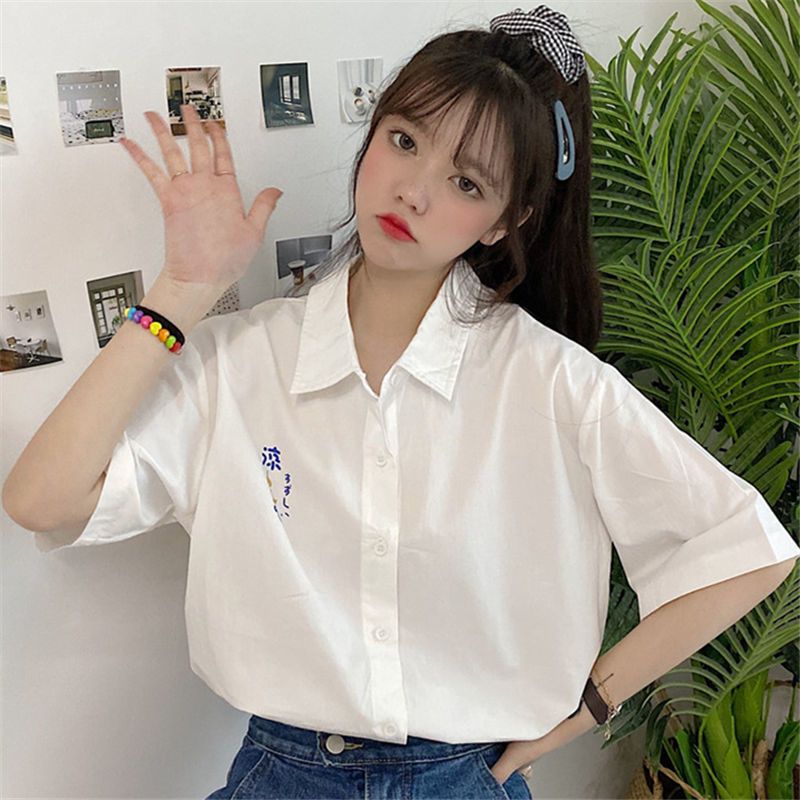 Short sleeve shirt Hong Kong flavor shirt women's summer  loose Korean minority design sense women's sleeve Joker coat