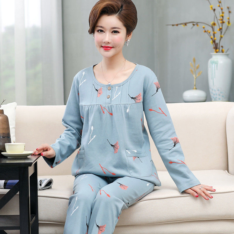 Middle-aged and elderly mother pajamas ladies spring and autumn pure cotton long-sleeved pullover loose plus size autumn cotton home service