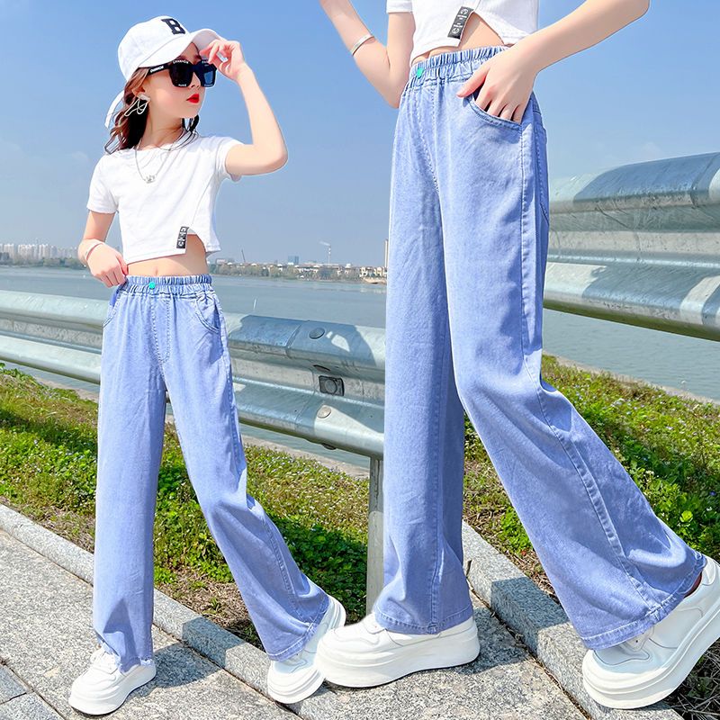 Girls' Pants Summer Lightweight Girls' Straight Tencel Jeans Medium and Large Children's Fashionable Summer Children's Wide Leg Pants