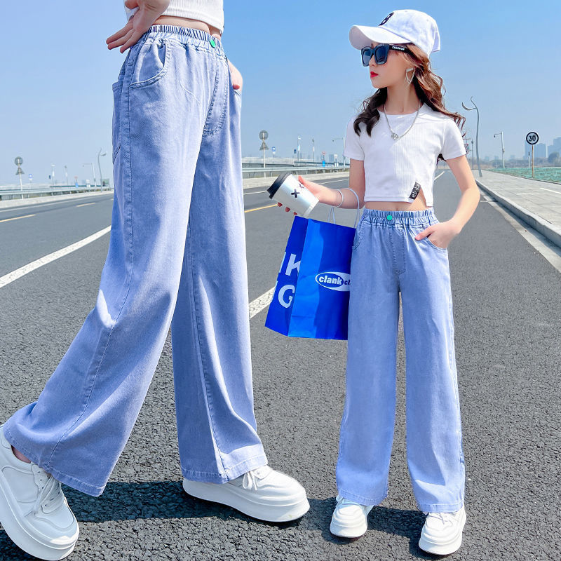 Girls' Pants Summer Lightweight Girls' Straight Tencel Jeans Medium and Large Children's Fashionable Summer Children's Wide Leg Pants