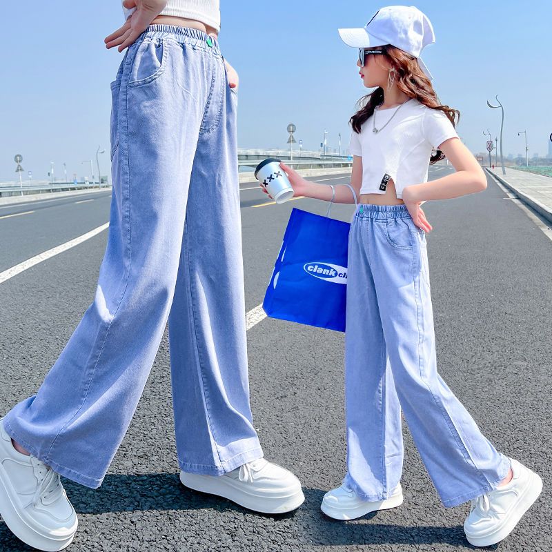 Girls' Pants Summer Lightweight Girls' Straight Tencel Jeans Medium and Large Children's Fashionable Summer Children's Wide Leg Pants