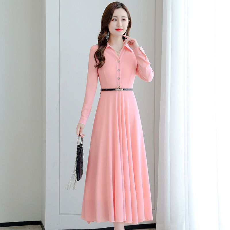 Chiffon Dress Women  Summer New Korean Style Slim Thin Long Sleeves Advanced Solid Color Beach Skirt