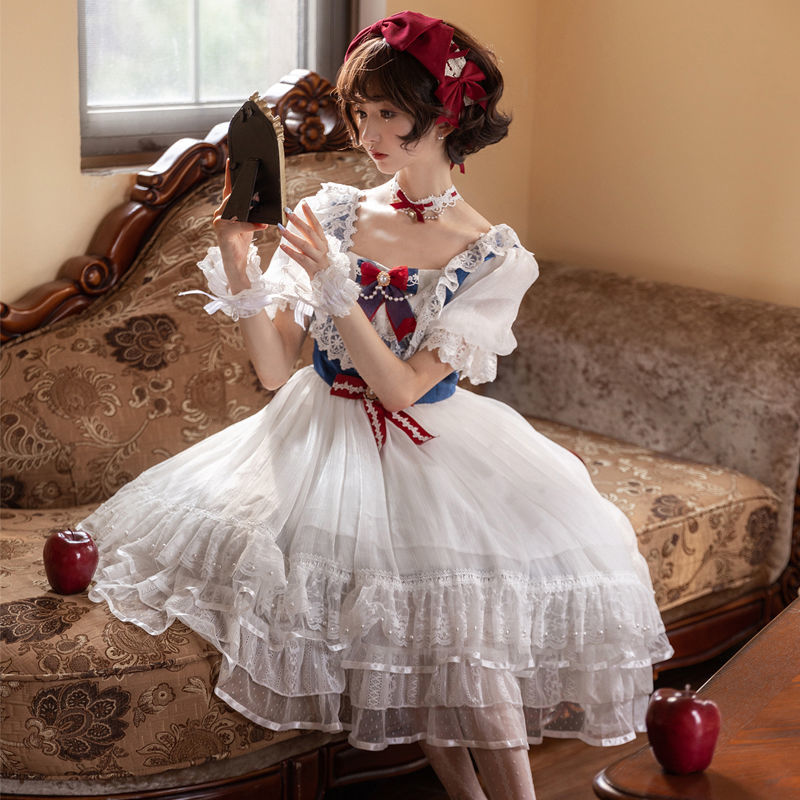 Korean mushroom cool {spot}~ original design Lolita white snow dance dress light flower wedding short-sleeved sp dress summer