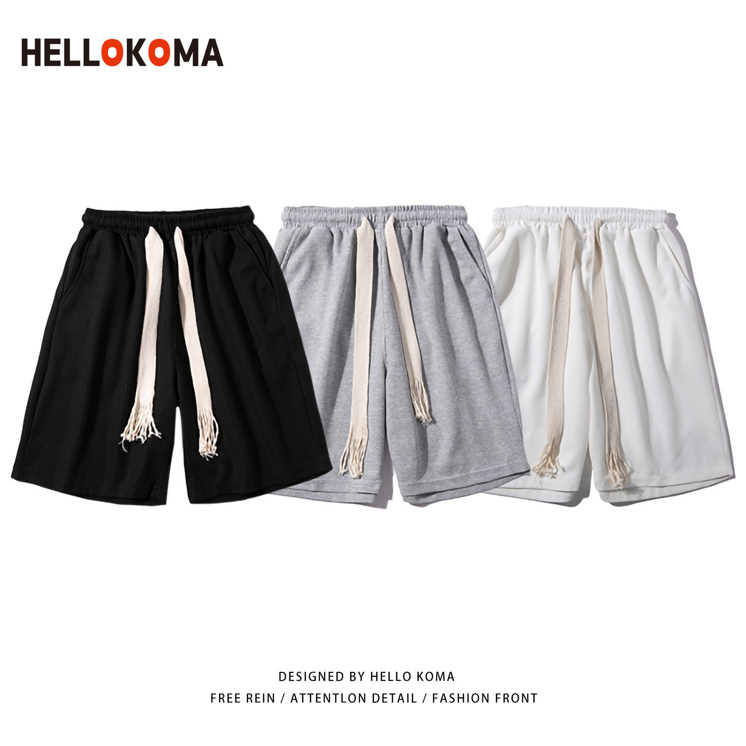 Simple solid color woven drawstring sports shorts men's and women's fashion street loose wide leg five point guards pants