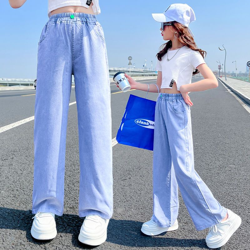 Girls' Pants Summer Lightweight Girls' Straight Tencel Jeans Medium and Large Children's Fashionable Summer Children's Wide Leg Pants