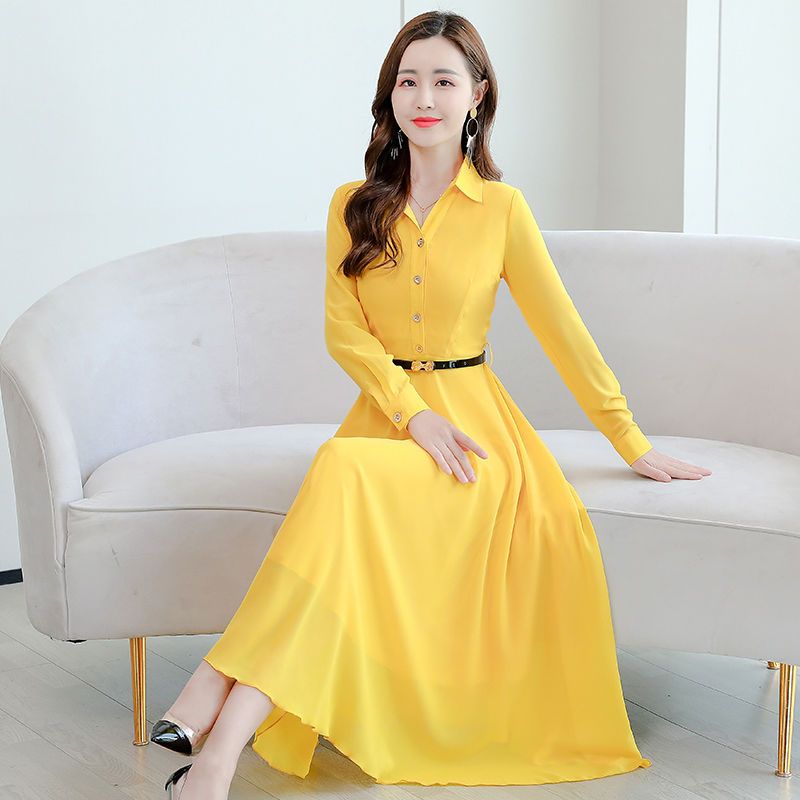 Chiffon Dress Women  Summer New Korean Style Slim Thin Long Sleeves Advanced Solid Color Beach Skirt