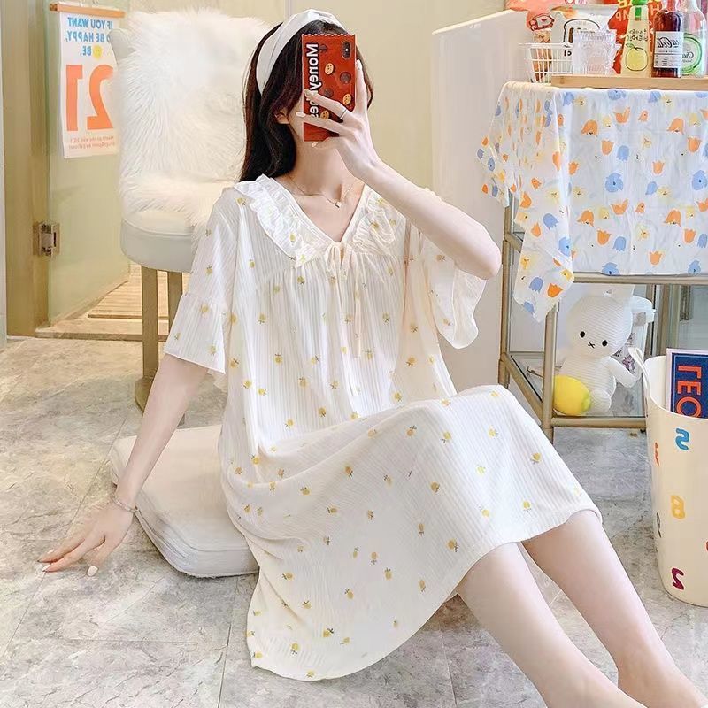 5XL nightdress female summer pure cotton thin section short-sleeved Korean version loose plus fat XL fat mm200 catties pajamas female summer